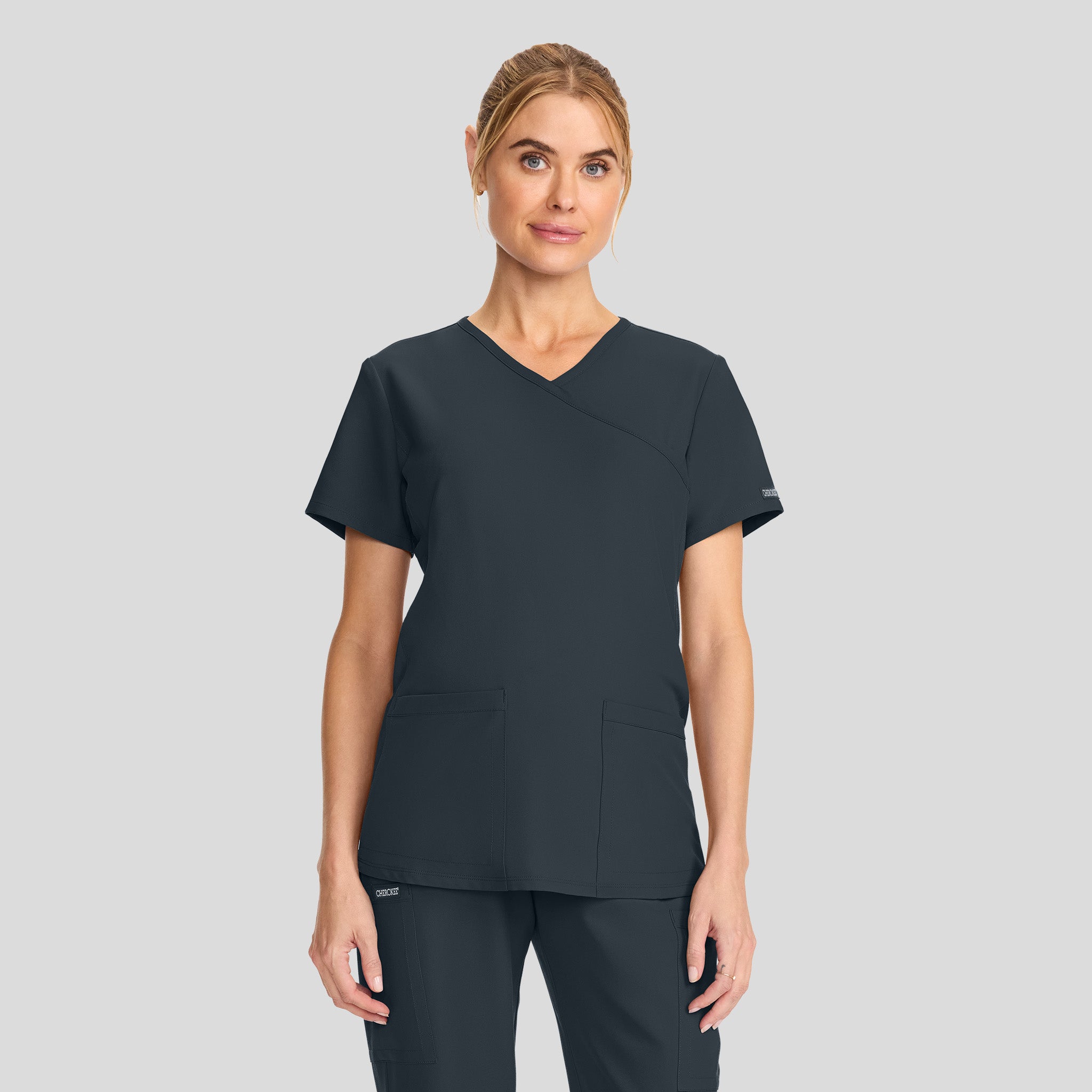 Maternity 2-Pocket Mock Wrap Scrub Top | Pewter