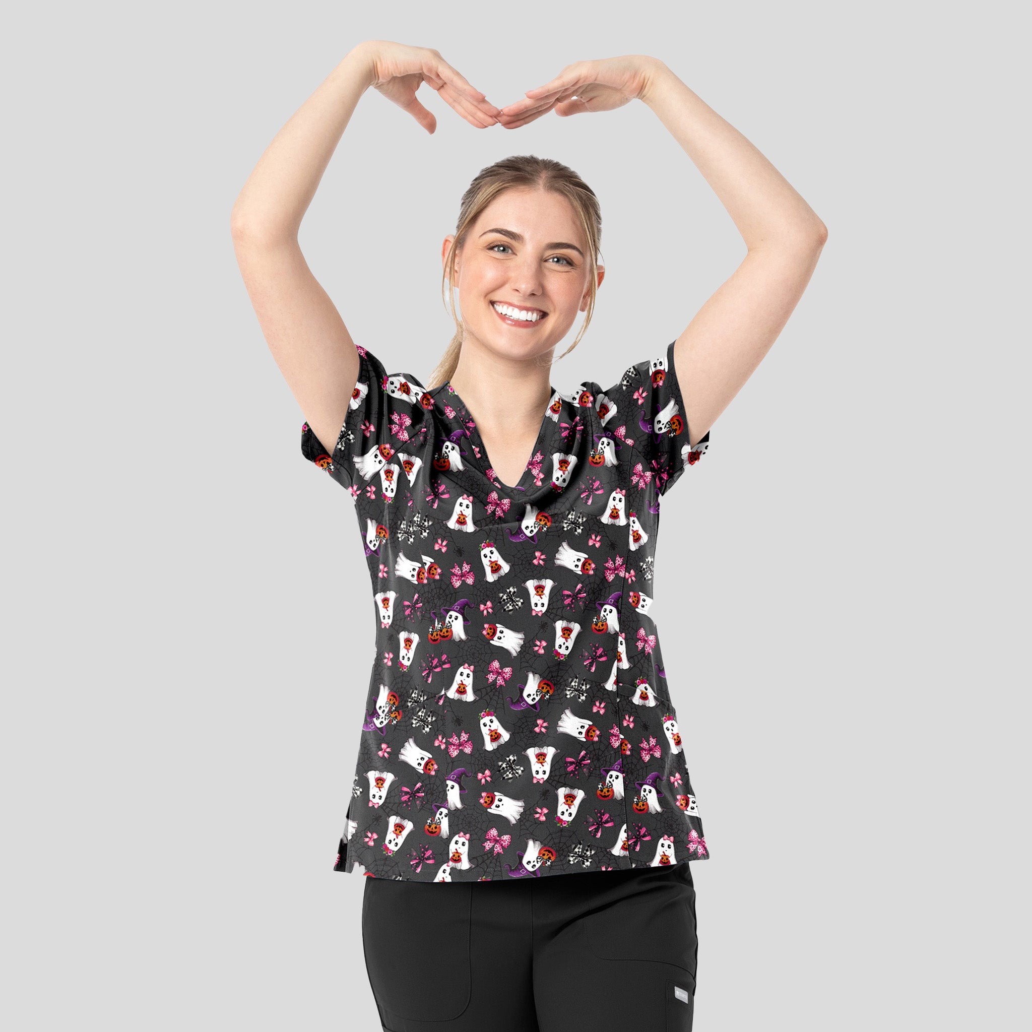 Curved V-Neck Print Top | Pretty Spooky