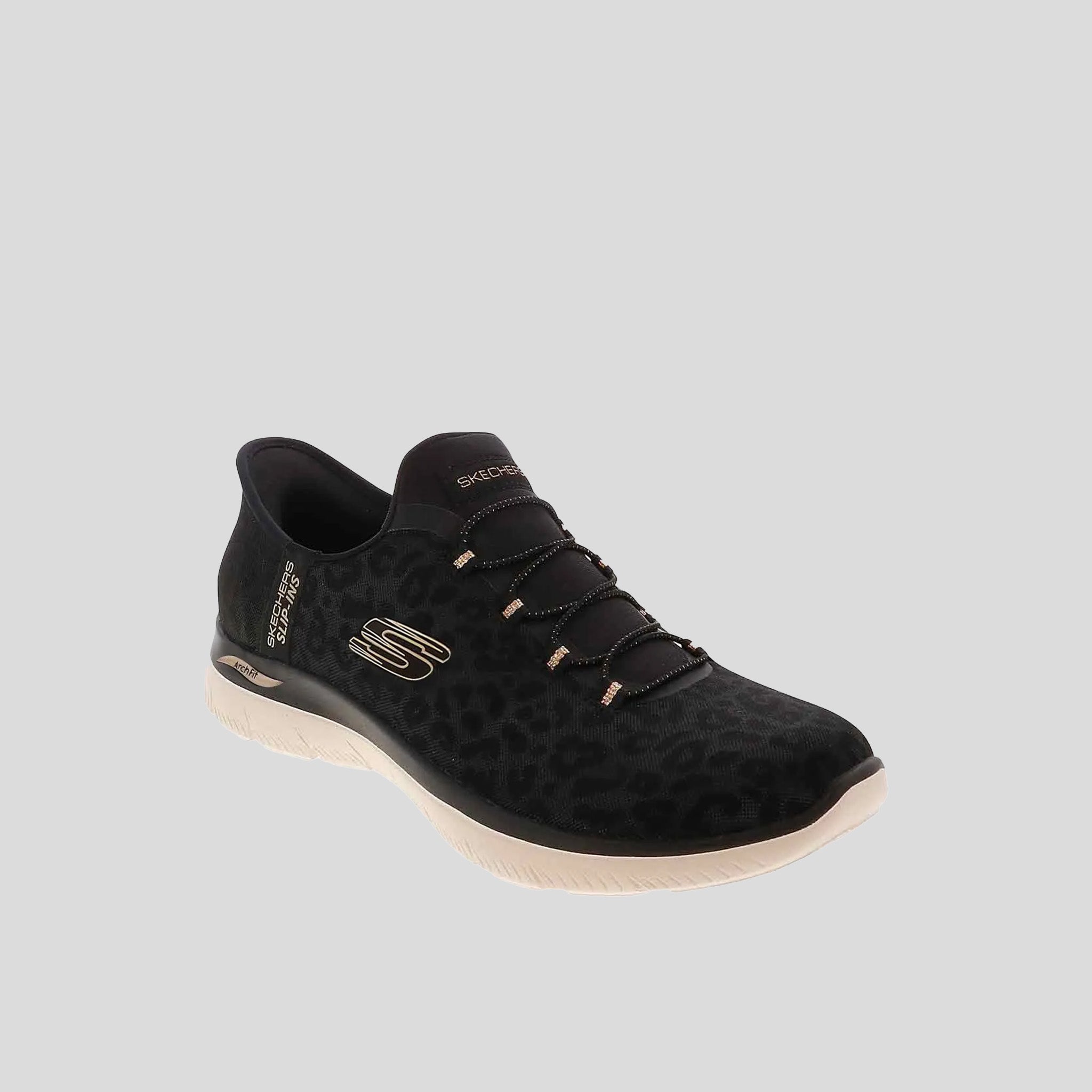 Skechers Slip-ins Arch Fit Summits Women’s Walking Shoe | Black Mesh/Gold Trim